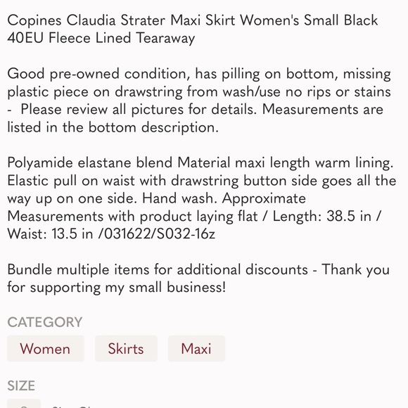 Copines Claudia Strater Maxi Skirt Women's Small Black 40E Fleece Lined Tearaway - Picture 11 of 11